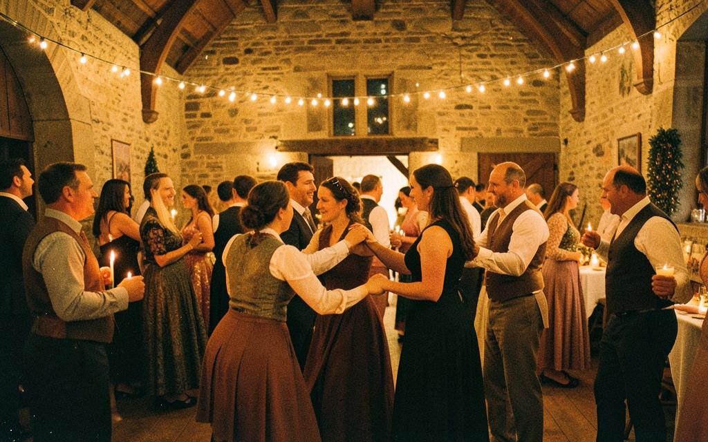 Dancers mid-spin at a candlelit ceilidh in a Scottish stone hall